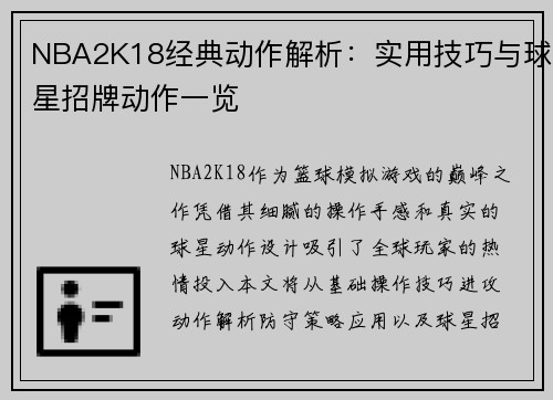 NBA2K18经典动作解析：实用技巧与球星招牌动作一览