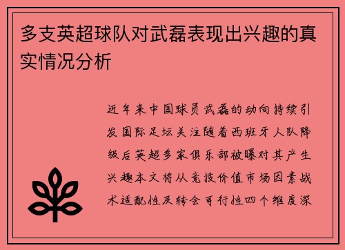 多支英超球队对武磊表现出兴趣的真实情况分析